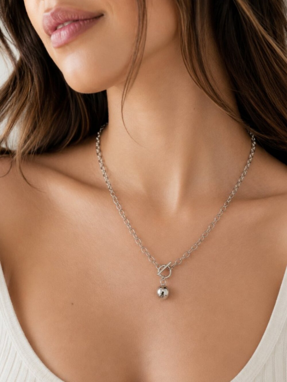 925 Sterling Silver Chunky Toggle Ball Necklace Minimalist Ball Pendant Necklace